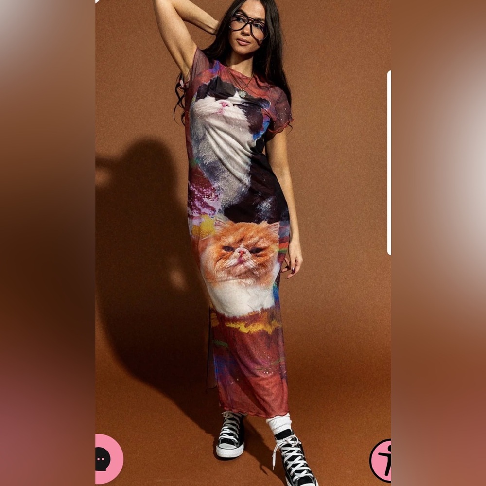 Dressed in Lala Mad About You Cat Print Mesh Dress